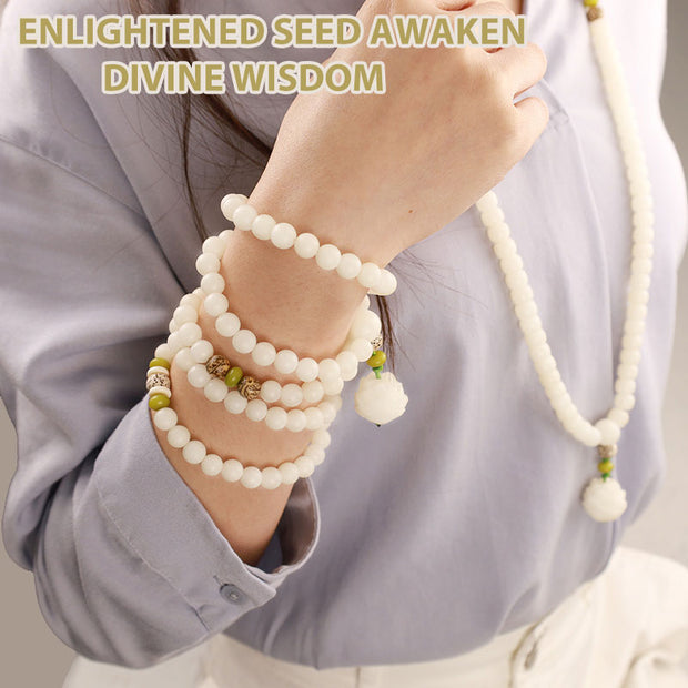Buddha Stones White Jade Bodhi Lotus Mala Harmony Necklace Bracelet Bracelet BS 15