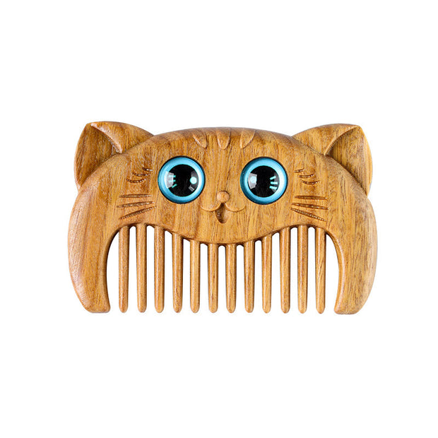 Buddha Stones Simple Cat Pattern Green Sandalwood Cure Portable Comb Comb BS 10
