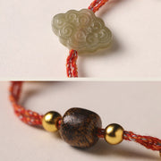 Buddha Stones Handmade Auspicious Clouds Hetian Jade Fu Character Luck Fortune Rope Bracelet