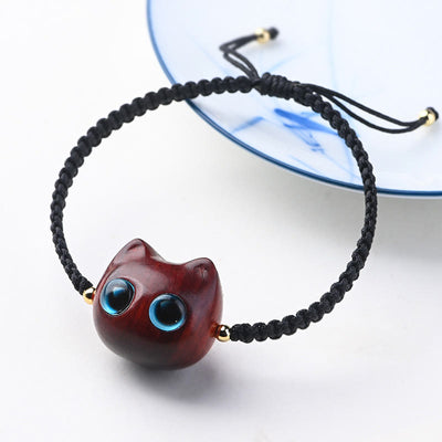 FREE Today: Keep Away From Evils Small Leaf Red Sandalwood Ebony Wood Cute Cat Head Protection Braided Bracelet