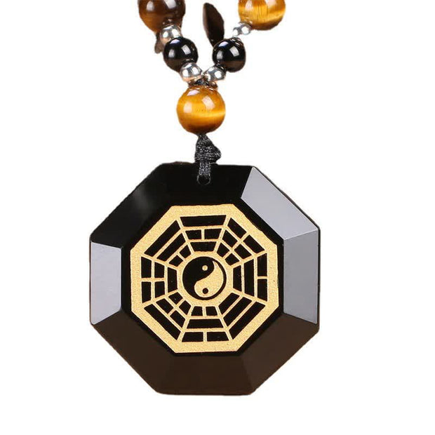 Buddha Stones Bagua Yin Yang Black Obsidian Purification Beaded Necklace Pendant