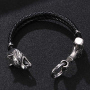 Buddha Stones Wolf Head Titanium Steel Leather Weave Blessing Bracelet