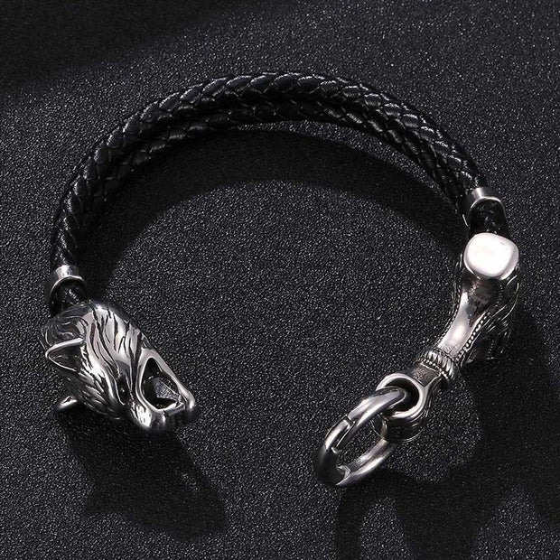 Buddha Stones Wolf Head Titanium Steel Leather Weave Blessing Bracelet Bracelet BS 5