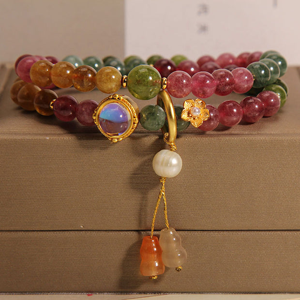 Buddha Stones Multicolored Tourmaline Positive Double Wrap Gourd Charm Bracelet