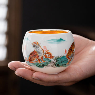Buddha Stones Tiger Lotus Flower Leaf Koi Fish Gilt Ceramic Teacup Kung Fu Tea Cup 175ml Cup BS Tiger 7.8cm*6.1cm*175ml