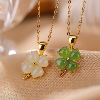 Buddha Stones 925 Sterling Silver Hetian White Jade Cyan Jade Luck Four Leaf Clover Happiness Necklace Pendant Necklaces & Pendants BS main