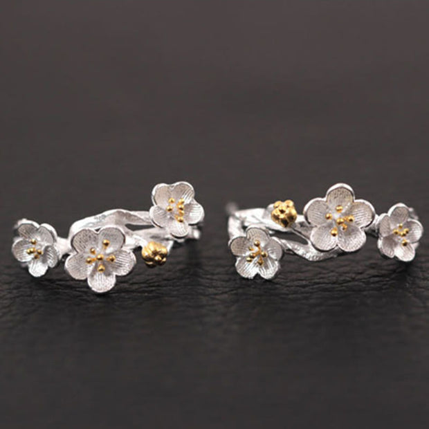 Buddha Stones 925 Sterling Silver Plum Blossom Floral Blessing Earrings Earrings BS 8