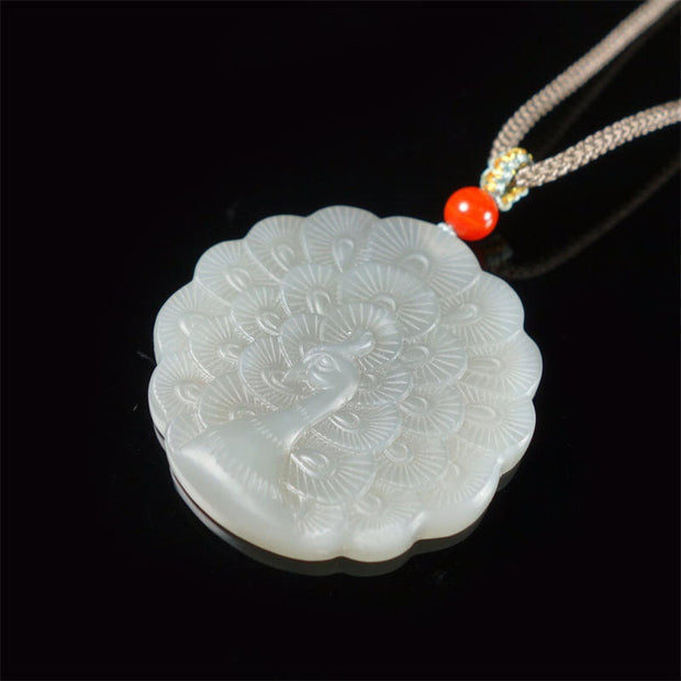 Buddha Stones White Jade Peacock Protection Blessing Necklace Pendant Necklaces & Pendants BS 2