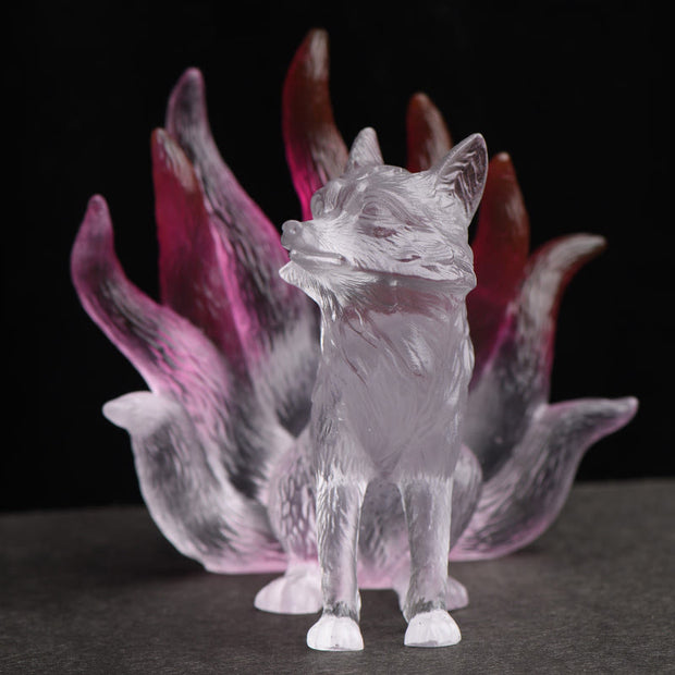 Buddha Stones Small Nine Tailed Fox Success Strength Home Figurine Decoration Decorations BS Pink&White Large 100*90*98mm