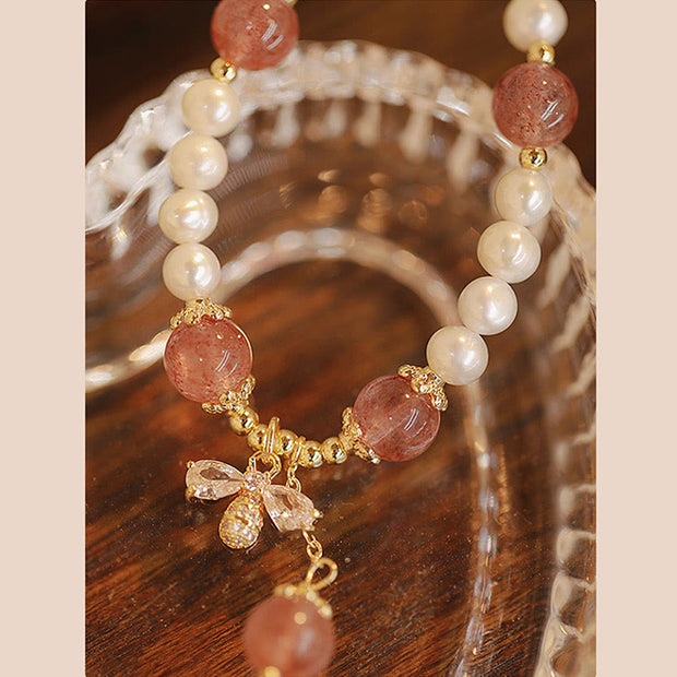 Buddha Stones Natural Pearl Strawberry Quartz Healing Cute Honey Bee Charm Bracelet Bracelet BS 4