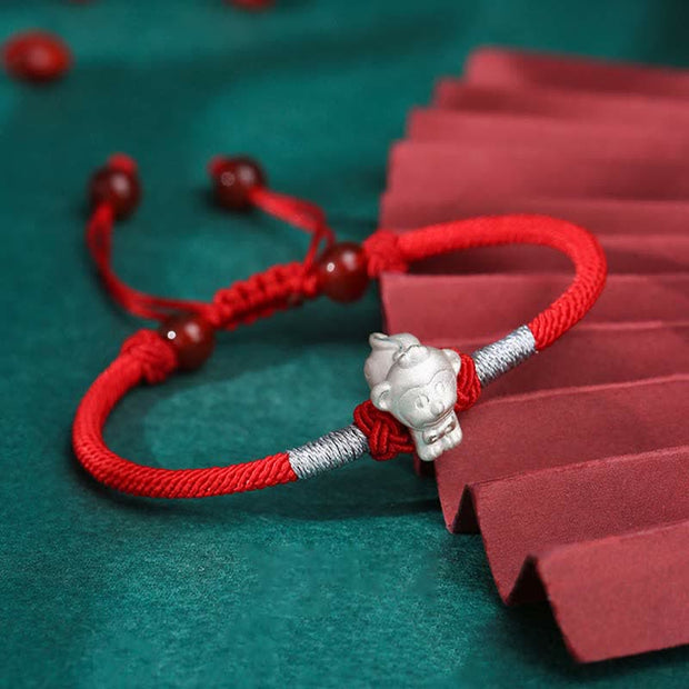Buddha Stones 999 Sterling Silver Chinese Zodiac Luck Strength Red String Bracelet Bracelet BS Monkey(Bracelet Size 15.5cm+8cm)