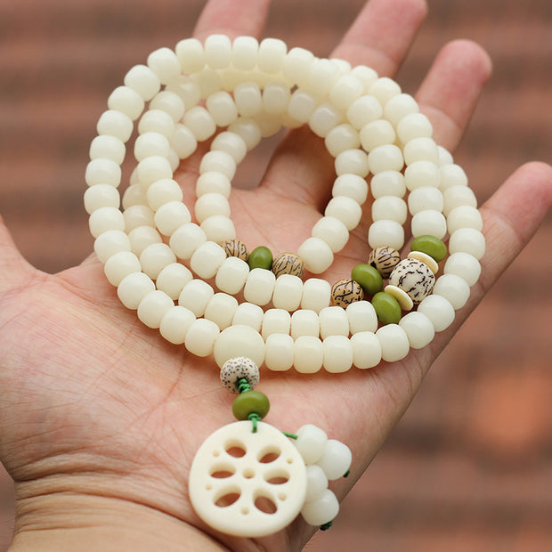 Buddha Stones White Bodhi Seed Mala 108 Beads Luck Bracelet Bracelet BS 2