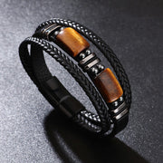 Buddha Stones Tiger Eye Power Magnetic Buckle Multilayered Leather Bracelet