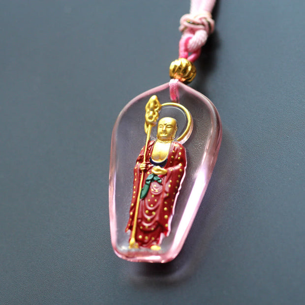 Buddha Stones Ksitigarbha Buddha Liuli Crystal Compassion Amulet Necklace Pendant Necklaces & Pendants BS Pink Standing Ksitigarbha