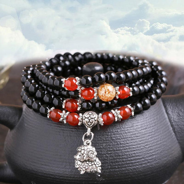 Chinese Zodiac 108 Beads Black Obsidian Red Agate Mala Bracelet Mala Bracelet BS 12