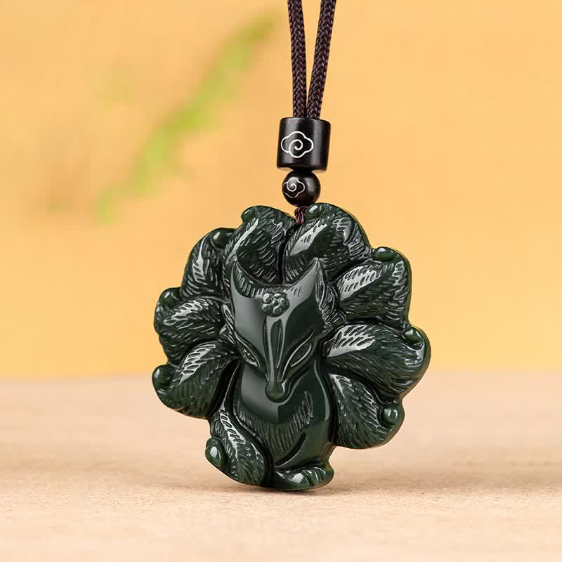 Buddha Stones Hetian Cyan Jade Nine Tailed Fox Luck Necklace