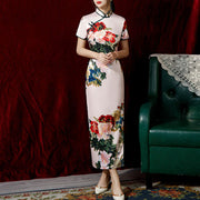 Buddha Stones Vintage Lotus Magnolia Peony Flower Pattern Cheongsam Dress Women's Qipao Dress
