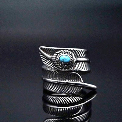 Buddha Stones Turquoise Titanium Steel Feather Wisdom Protection Ring Ring BS US13