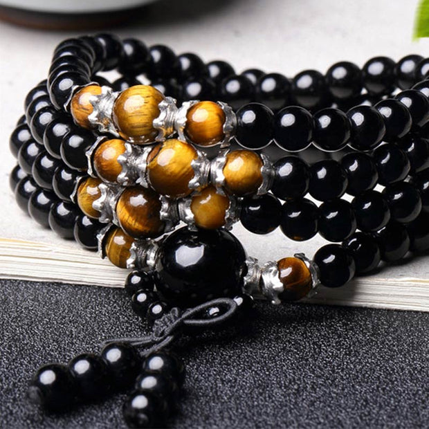 Buddha Stones 108 Beads Natural Black Obsidian Tiger Eye Mala Bracelet ...