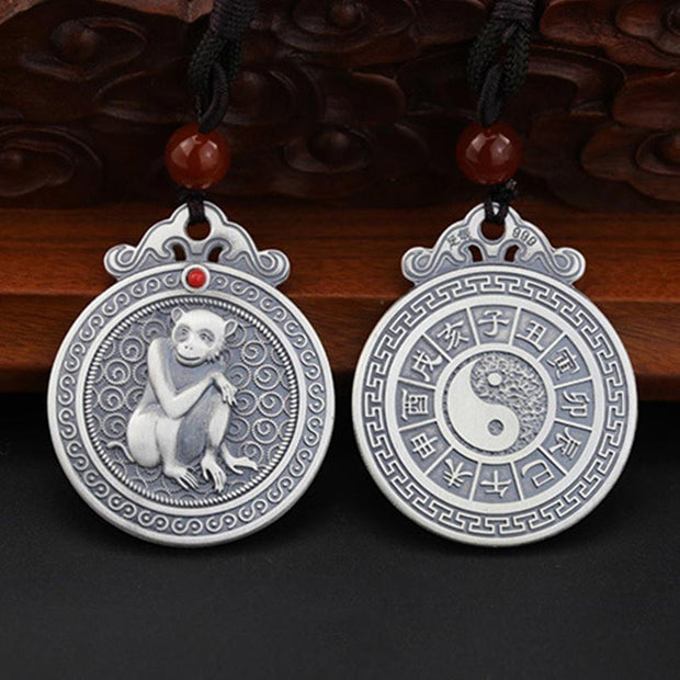Buddha Stones 999 Sterling Silver Chinese Zodiac Yin Yang Balance Necklace Pendant Necklaces & Pendants BS Monkey