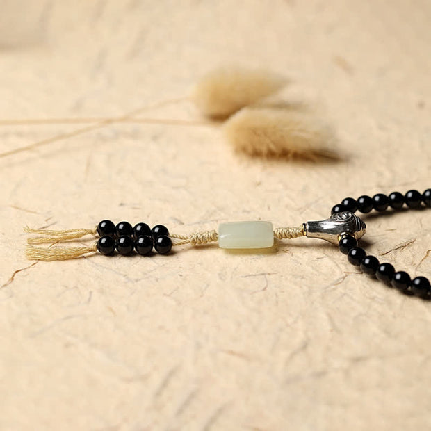 Buddha Stones Tibetan Black Onyx Hetian Jade 108 Mala Beads Fortune Bracelet Mala Bracelet BS 12