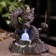 Buddha Stones Auspicious Dragon Ceramic Backflow Smoke Fountain Meditation Healing Incense Burner Led Ball Decoration Incense Burner BS 4