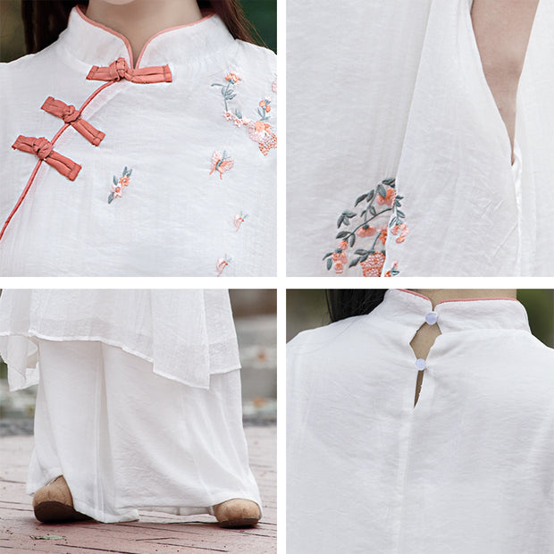 Buddha Stones 2Pcs Flower Butterfly Embroidery Yoga Clothing Meditation Clothing Top Pants Women's Set