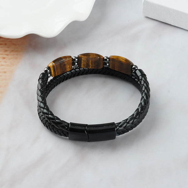 Buddha Stones Natural Tiger Eye Protection Willpower Magnetic Buckle Leather Bracelet Bracelet BS 6
