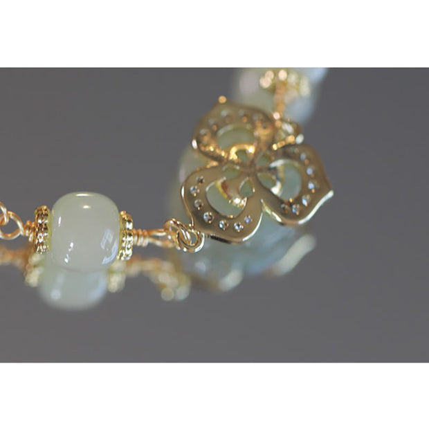 Buddha Stones 14K Gold Plated Hetian Jade Rose Flower Luck Chain Bracelet