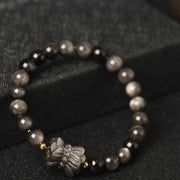 Buddha Stones Silver Sheen Obsidian Lotus Flower Nine Tailed Fox Laughing Buddha Protection Bracelet Bracelet BS 1