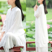Buddha Stones 2Pcs White Tai Chi Meditation Yoga Zen Cotton Linen Clothing Top Pants Women's Set Clothes BS 11
