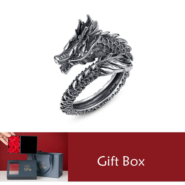 Buddha Stones 925 Sterling Silver Vintage Dragon Success Protection Strength Adjustable Ring Ring BS 925 Sterling Silver Dragon&Gift Box