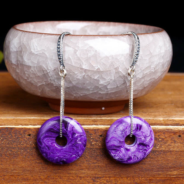 Buddha Stones 925 Sterling Silver Natural Amethyst Peace Buckle Pattern Protection Earrings