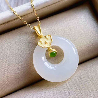 Buddha Stones Round White Jade Wishful Auspicious Cloud Blessing Luck Necklace Pendant Necklaces & Pendants BS White Jade(Protection♥Blessing)