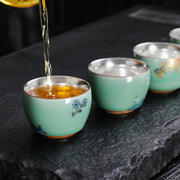 Buddha Stones 999 Sterling Silver Gilding Butterfly Goldfish Lotus Koi Fish Ceramic Teacup Kung Fu Tea Cup 120ml Cup BS 12