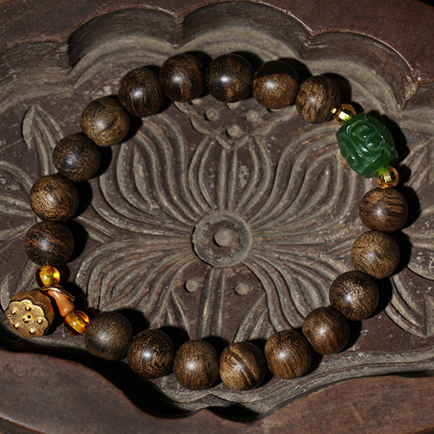 Buddha Stones 999 Gold Brunei Agarwood Cyan Jade Lotus Flower Peace Strength Bracelet Bracelet BS 8