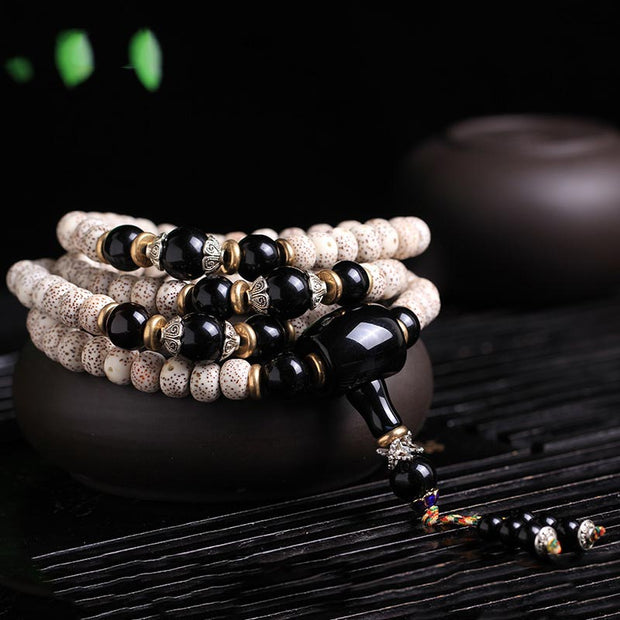 Buddha Stones 108 Beads Bodhi Seed Mala Black Obsidian Blessing Bracelet Mala Bracelet BS 1