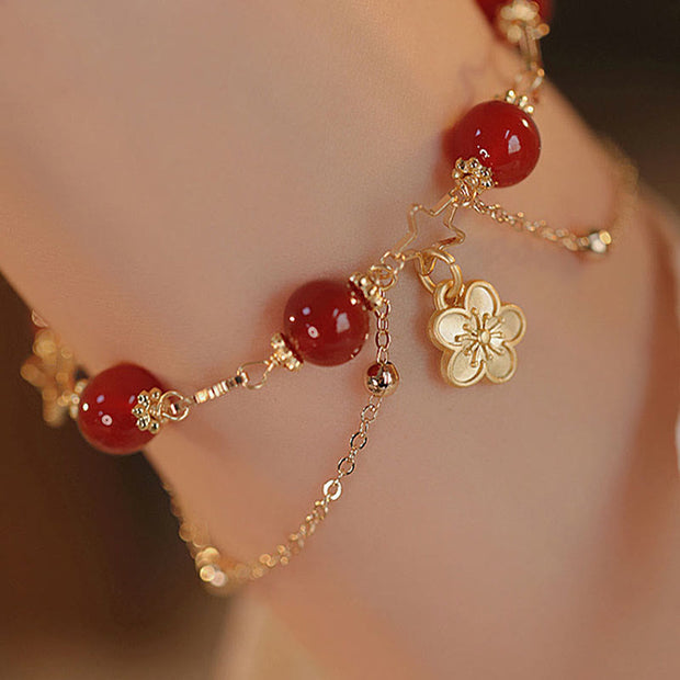 Buddha Stones 14k Gold Plated Red Agate Star Flower Charm Calm Bracelet Bracelet BS 10