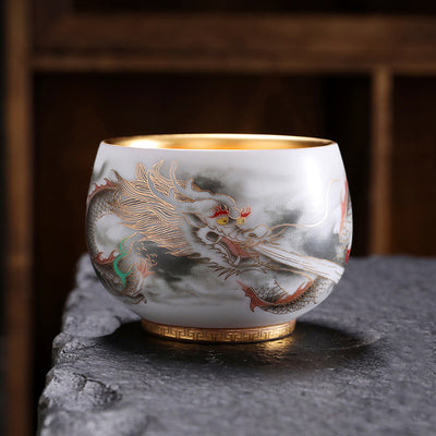 Buddha Stones Dragon Gilt Gourd Ceramic White Porcelain Teacup Kung Fu Tea Cup 160ml