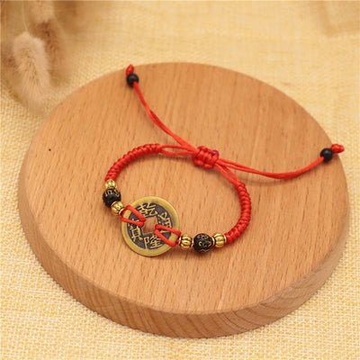Buddha Stones Copper Coin Fortune Red String Weave Bracelet Bracelet BS Six-character Mantra(Bracelet Size 14-20cm)