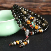 Buddha Stones 108 Beads Mala Golden Obsidian Tiger Eye Energy Bracelet Mala Bracelet BS 5