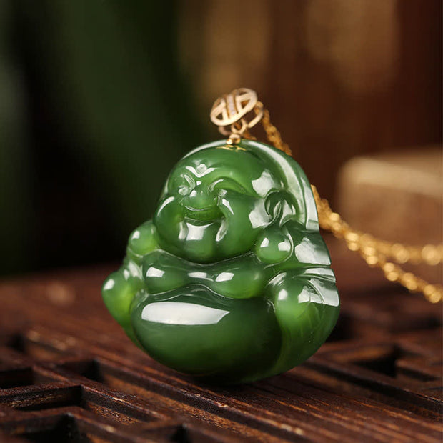 Buddha Stones 925 Sterling Silver Laughing Buddha Hetian Cyan Jade 18K Gold Success Necklace Chain Pendant Necklaces & Pendants BS 3