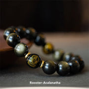 Buddha Stones Chinese Zodiac Natal Buddha Gold Sheen Obsidian Wealth Protection Bracelet Bracelet BS Rooster-Acalanatha