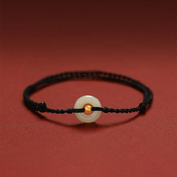 Buddha Stones 999 Gold Bead Round Peace Buckle Hetian Jade Luck Abundance Braided Bracelet Anklet Bracelet BS Anklet(Anklet Circumference 21-27cm) Black Rope