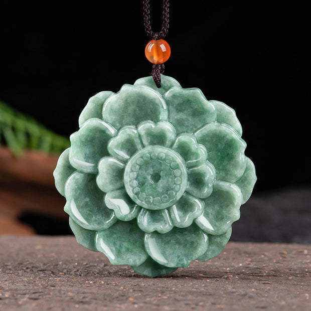Buddha Stones Lotus Pattern Jade Luck Prosperity Necklace Pendant Necklaces & Pendants BS Jade