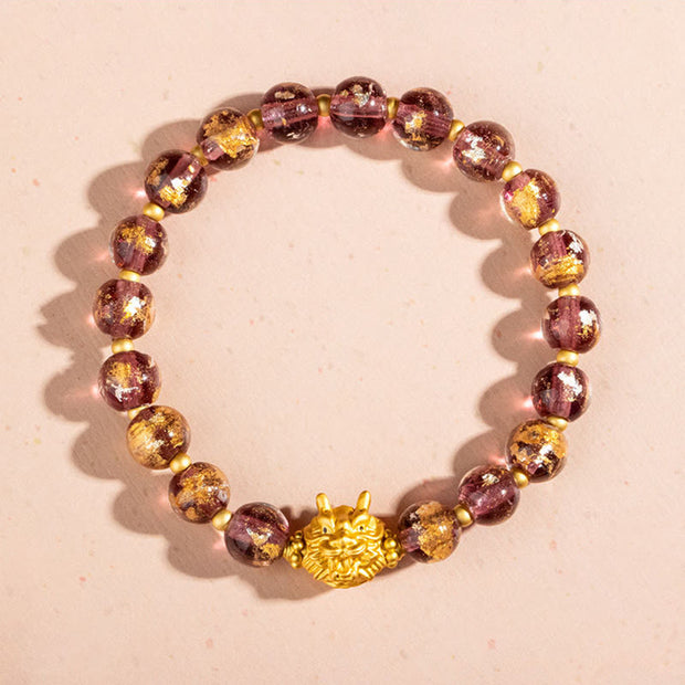 Buddha Stones Year of the Dragon Gold Foil Liuli Glass Bead Luck Bracelet Bracelet BS Purple Liuli Glass Bead(Wrist Circumference 14-16cm)