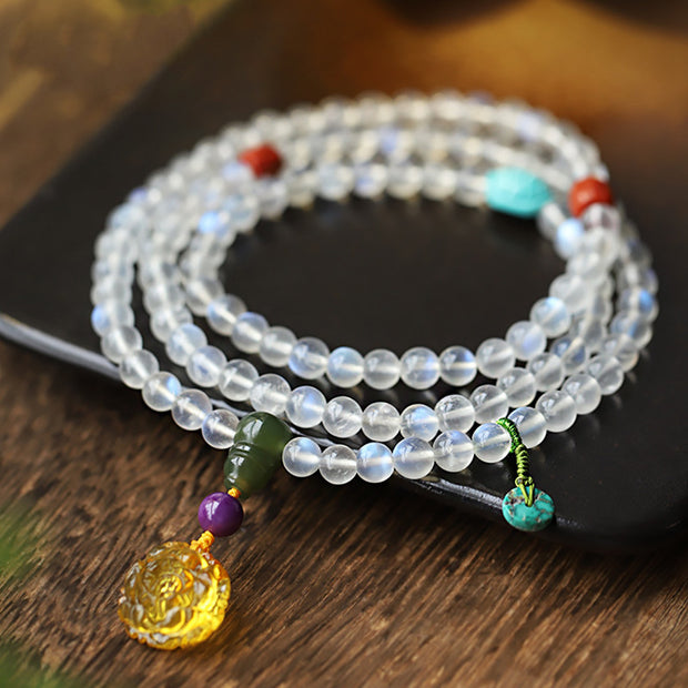 Buddha Stones 108 Mala Beads Moonstone Amber Lotus Turquoise Crystal Healing Bracelet Bracelet Mala BS Moonstone