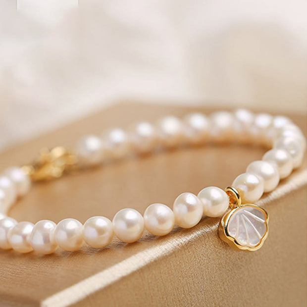 Buddha Stones 14K Gold Plated Natural Pearl Crystal Shell Charm Bead Bracelet
