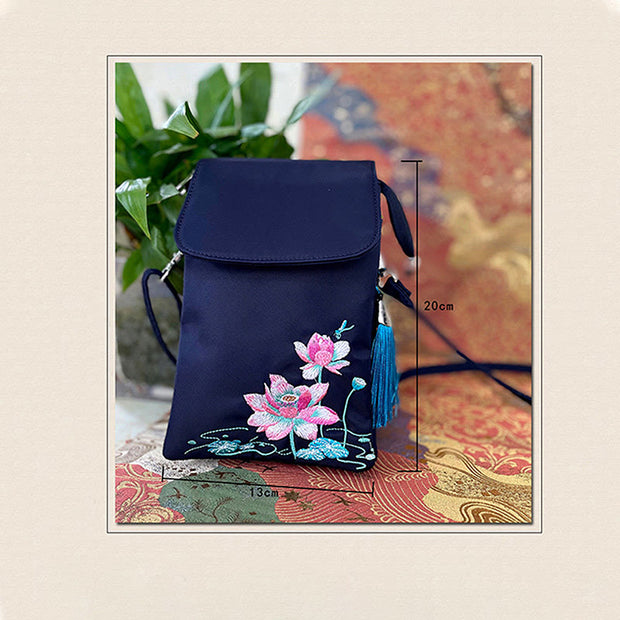 Buddha Stones Waterproof Handmade Embroidered Lotus Flowers Crossbody Bag Shoulder Bag Cellphone Bag Bag BS 22