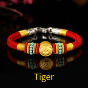 Buddha Stones 999 Gold Chinese Zodiac Om Mani Padme Hum King Kong Knot Protection Handcrafted Bracelet Bracelet BS Tiger 19cm